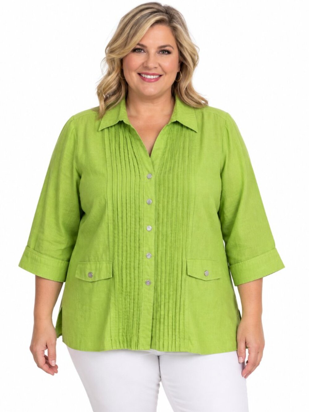 Linen Shirt Women's 1X Sara Isabella Tunic Shacket Green Pleated Tuxedo